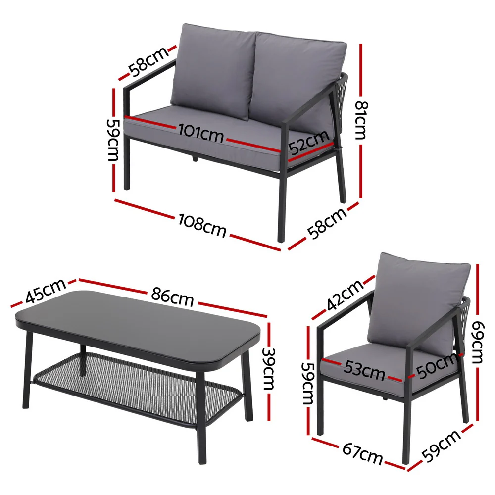 Tavian 4-Seater Table Chair Setting Patio Furniture 4-Piece Outdoor Sofa Set - Grey - Nurns