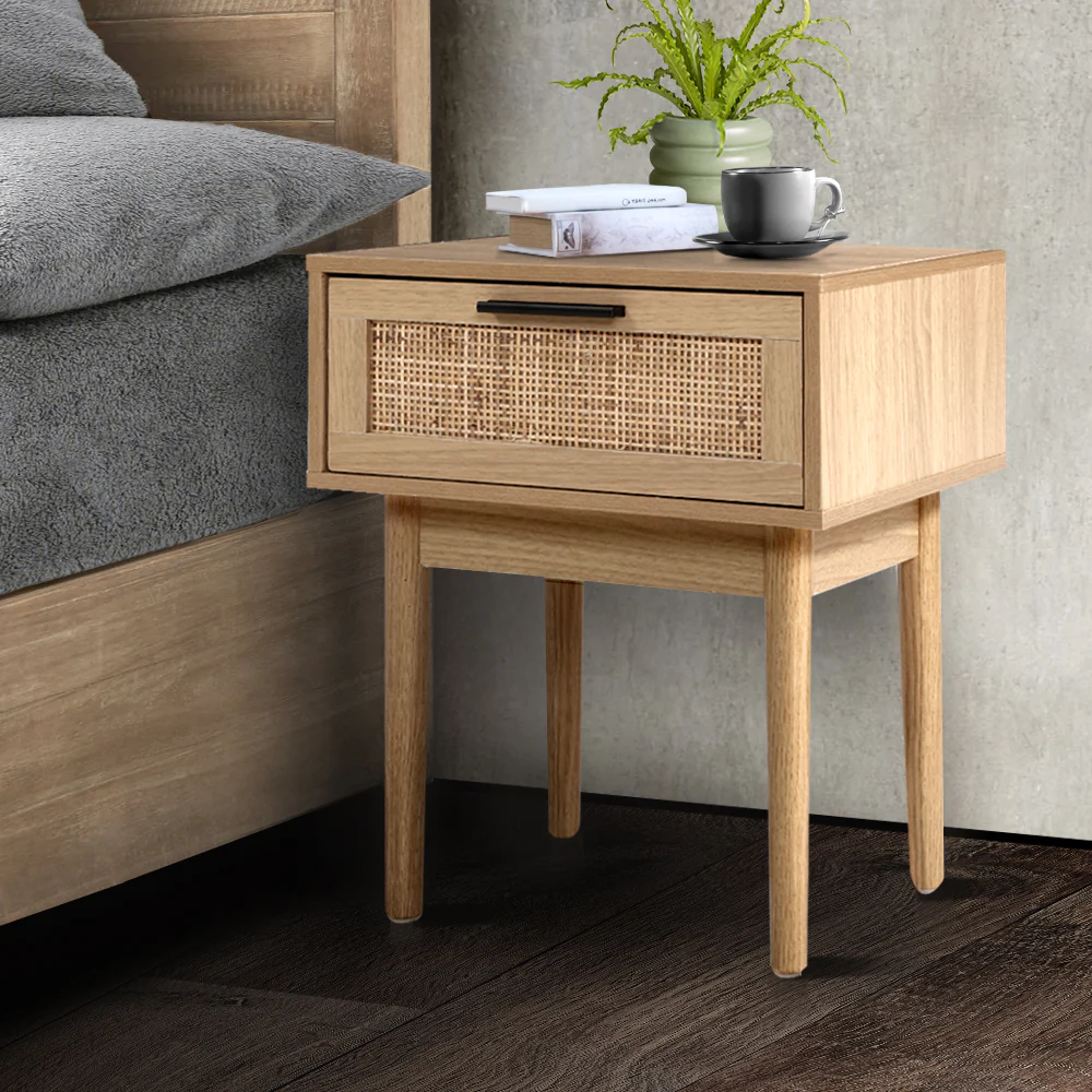 Guelph Wood Rattan Bedside Tables Storage Cabinet Rattan Wood Nightstand - Wood - Nurns
