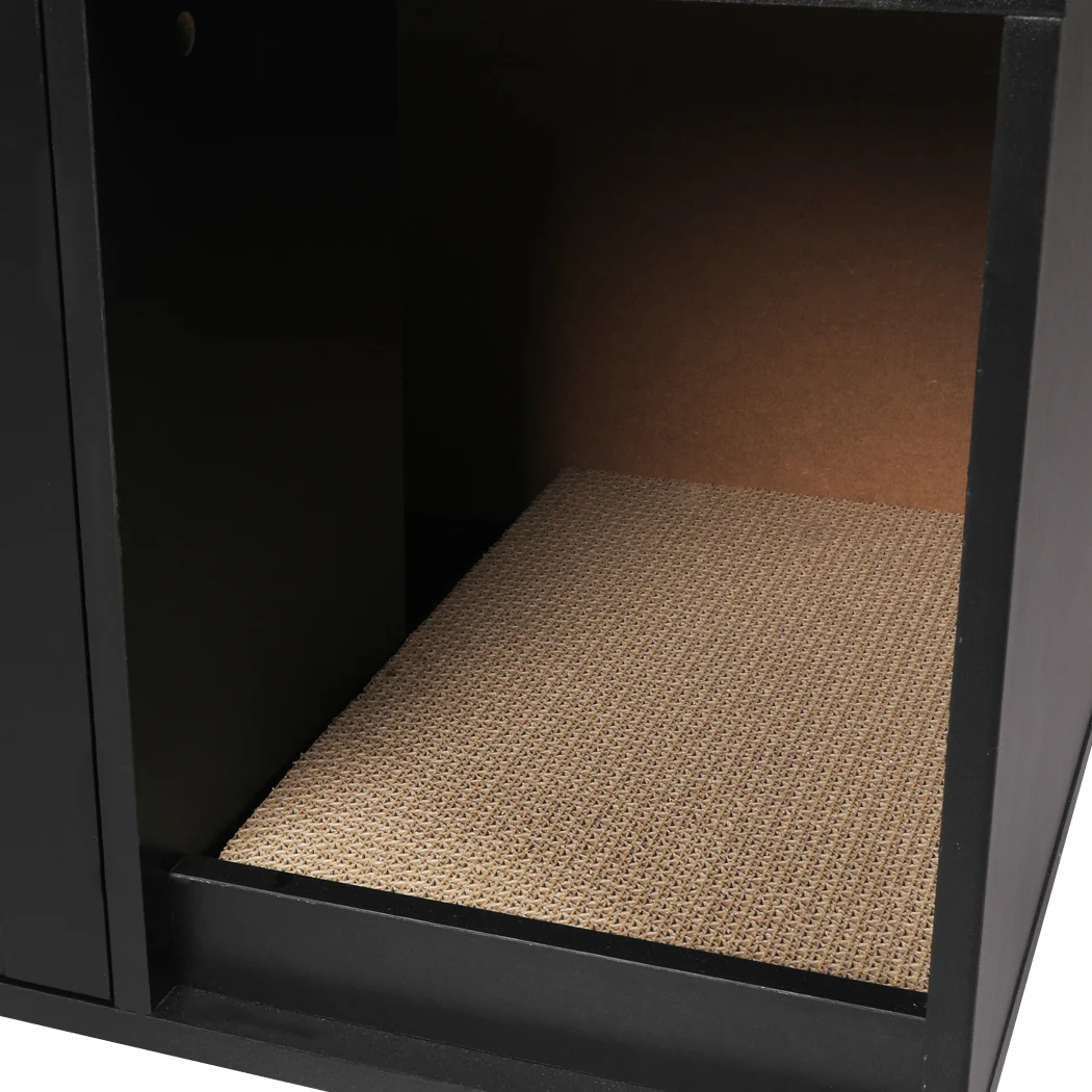 Enclosed Hooded Cat Litter Box Furniture Scratch Board Side Table- Black - Nurns