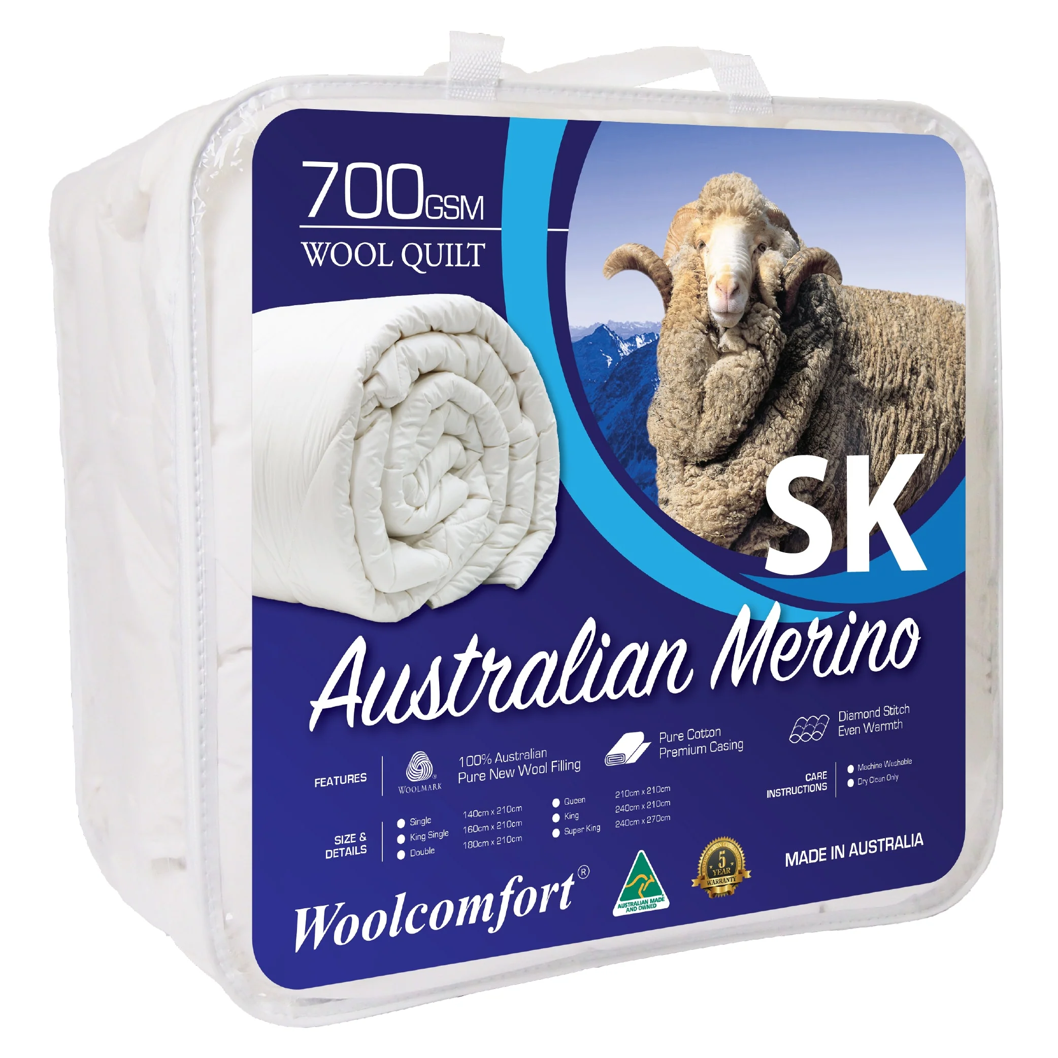 Super King Woolcomfort AUS Made Merino Wool Quilt 700GSM 270x240cm - Nurns