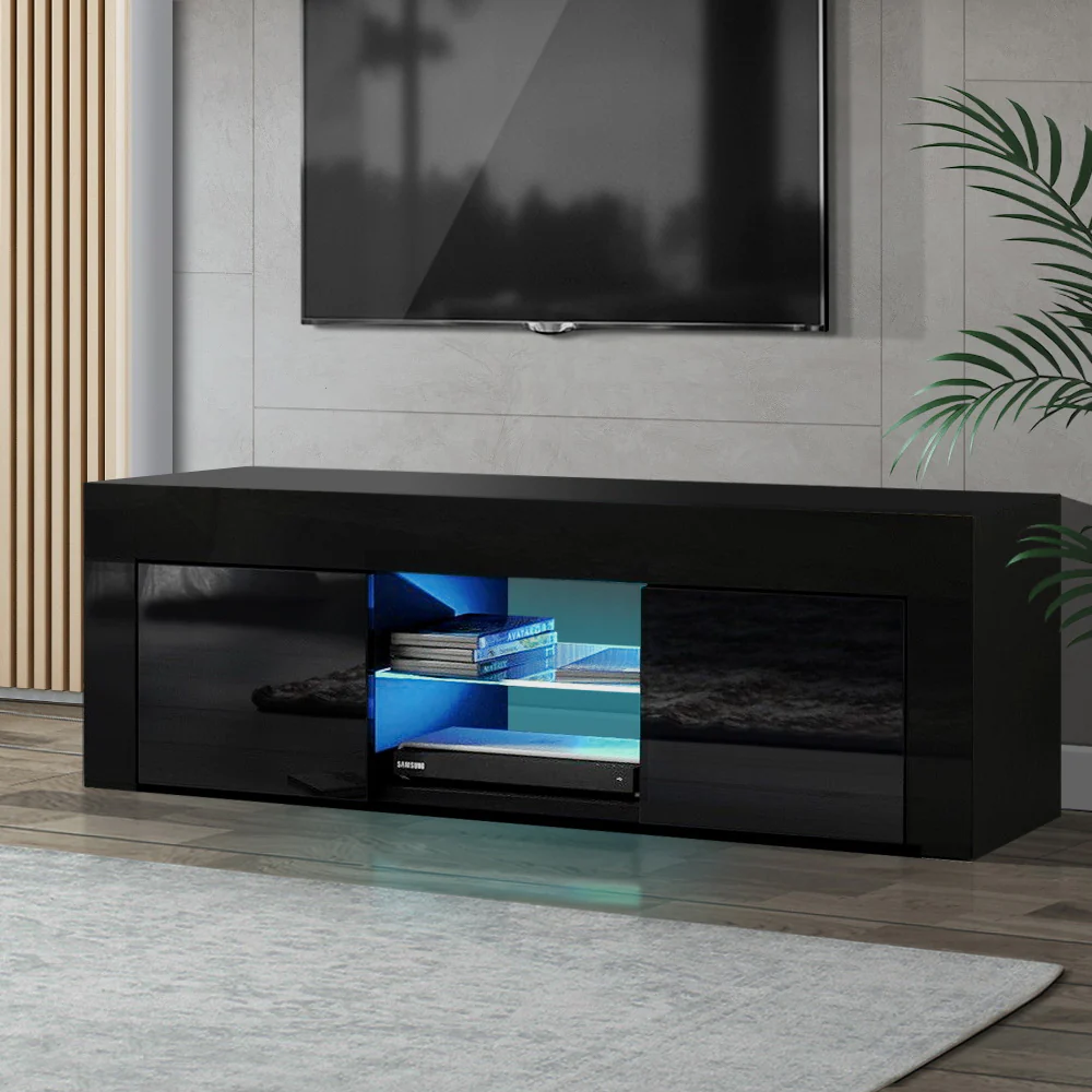 Morten 130cm TV Cabinet Entertainment Unit Stand RGB LED Gloss Furniture - Black - Nurns