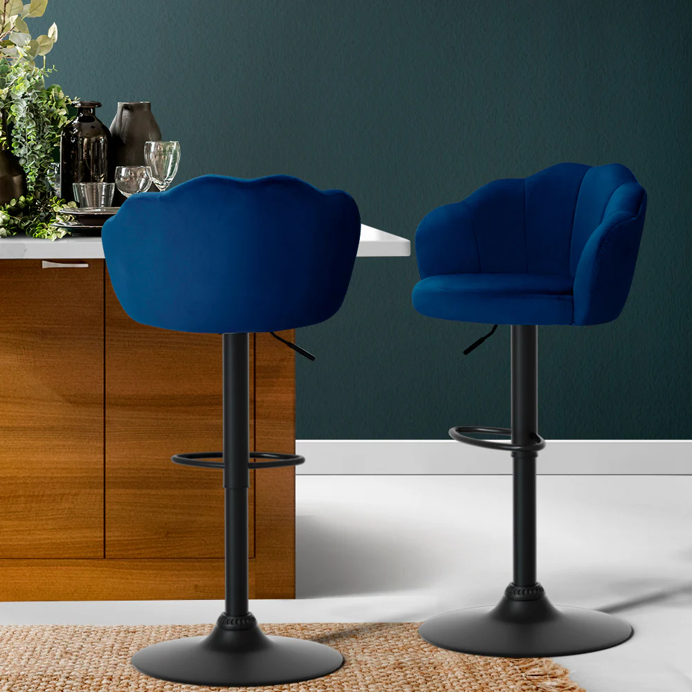 Set of 2 Naples Bar Stools Kitchen Stool Swivel Chair Gas Lift Velvet Chairs - Blue - Nurns