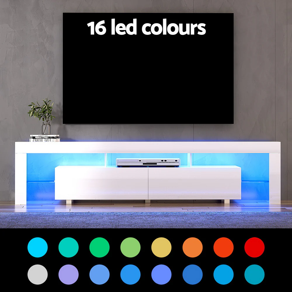 Erica 200cm TV Cabinet Entertainment Unit Stand RGB LED Gloss Furniture - White - Nurns