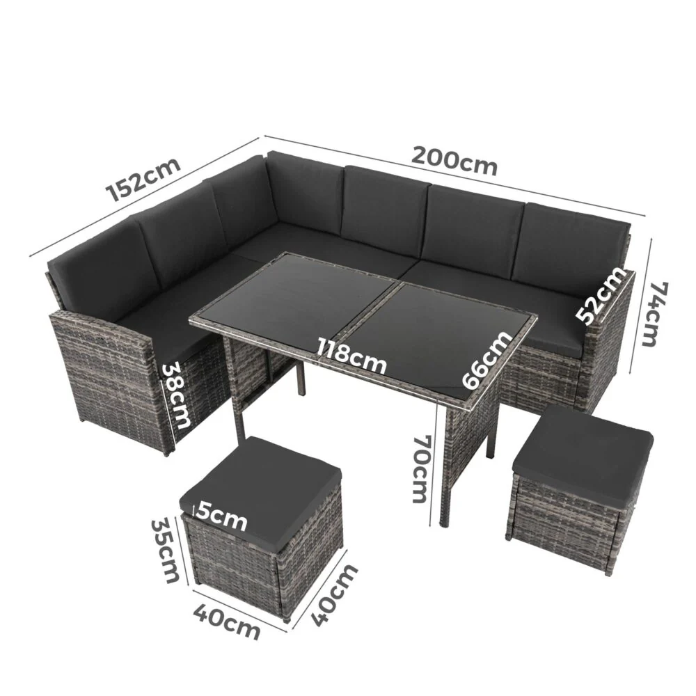 Jules 8-Seater Modular Garden Lounge with Table and Stools 6-Piece Dining Set - Grey - Nurns