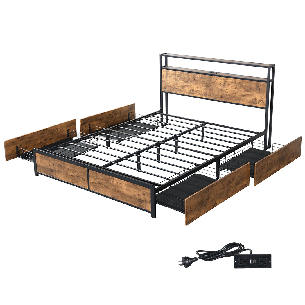 Maylen LED Bed Frame with 4 Drawers and USB Charger - Brown Queen - Nurns
