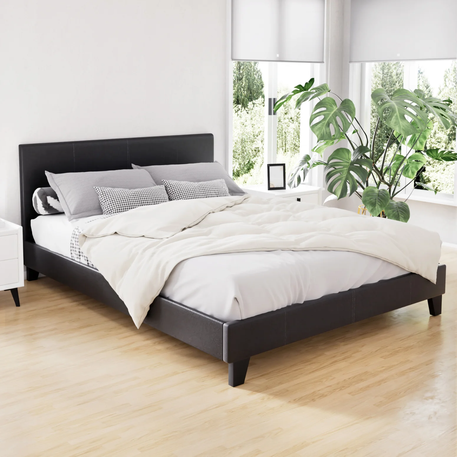 Trenton Bed Frame PU Leather - Black Double - Nurns