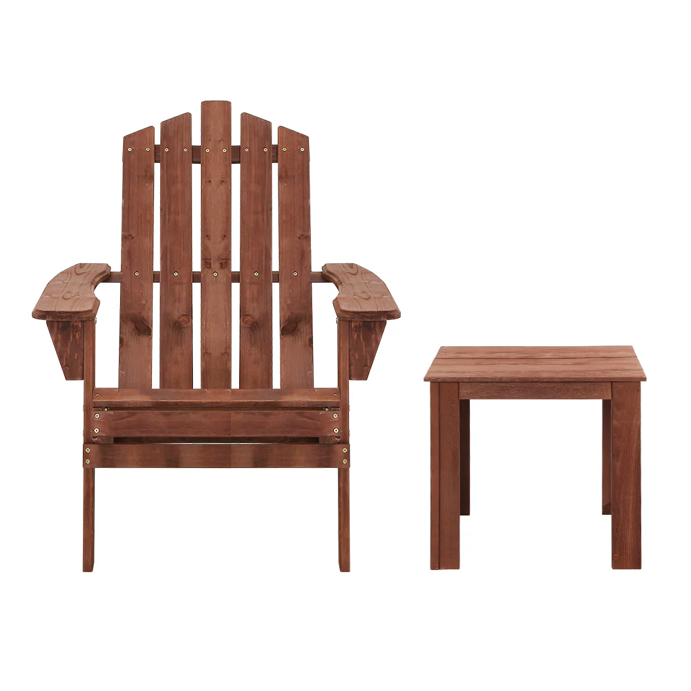 Adirondack Gardeon 3PC Outdoor Table and Chairs Wooden Beach Chair Brown - Nurns