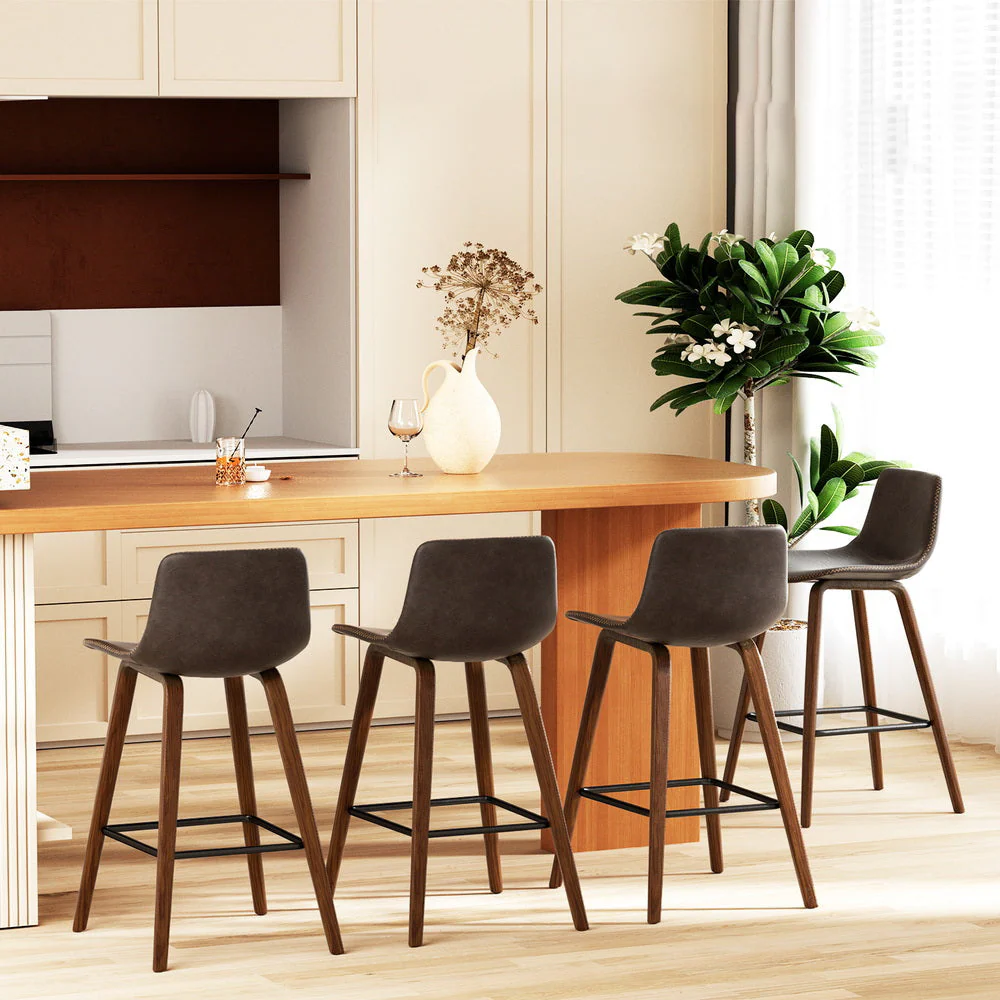 Set of 4 Lugano Bar Stools Vintage Leather Wooden - Walnut - Nurns