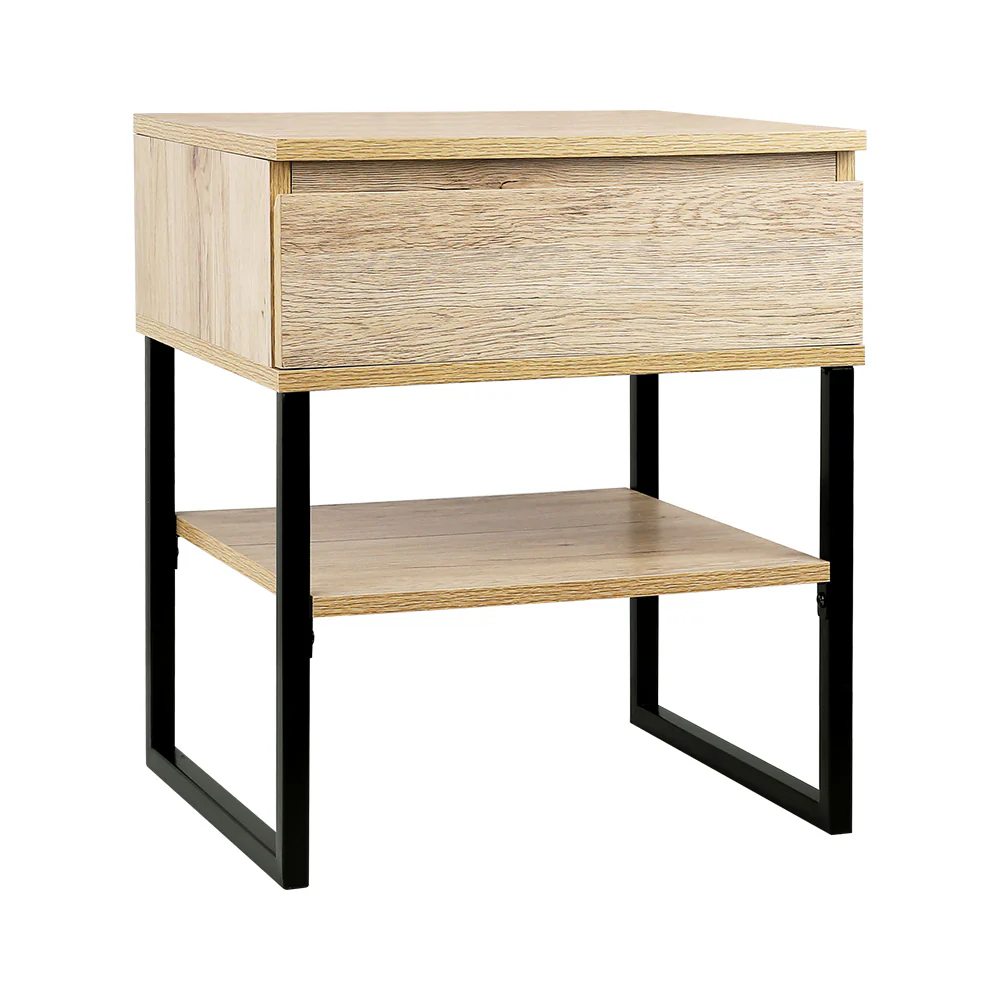 Welland Particle Board & Metal Bedside Tables Chest Style - Natural Wood - Nurns