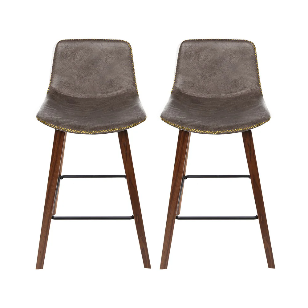 Set of 2 Lugano PU Leather Bar Stools Square Footrest - Wood & Brown - Nurns