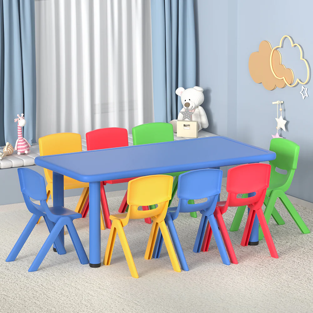 Philo 9-Piece Kids Table & Chairs Set 120cm Study Desk Furniture Plastic - Multicolour - Nurns