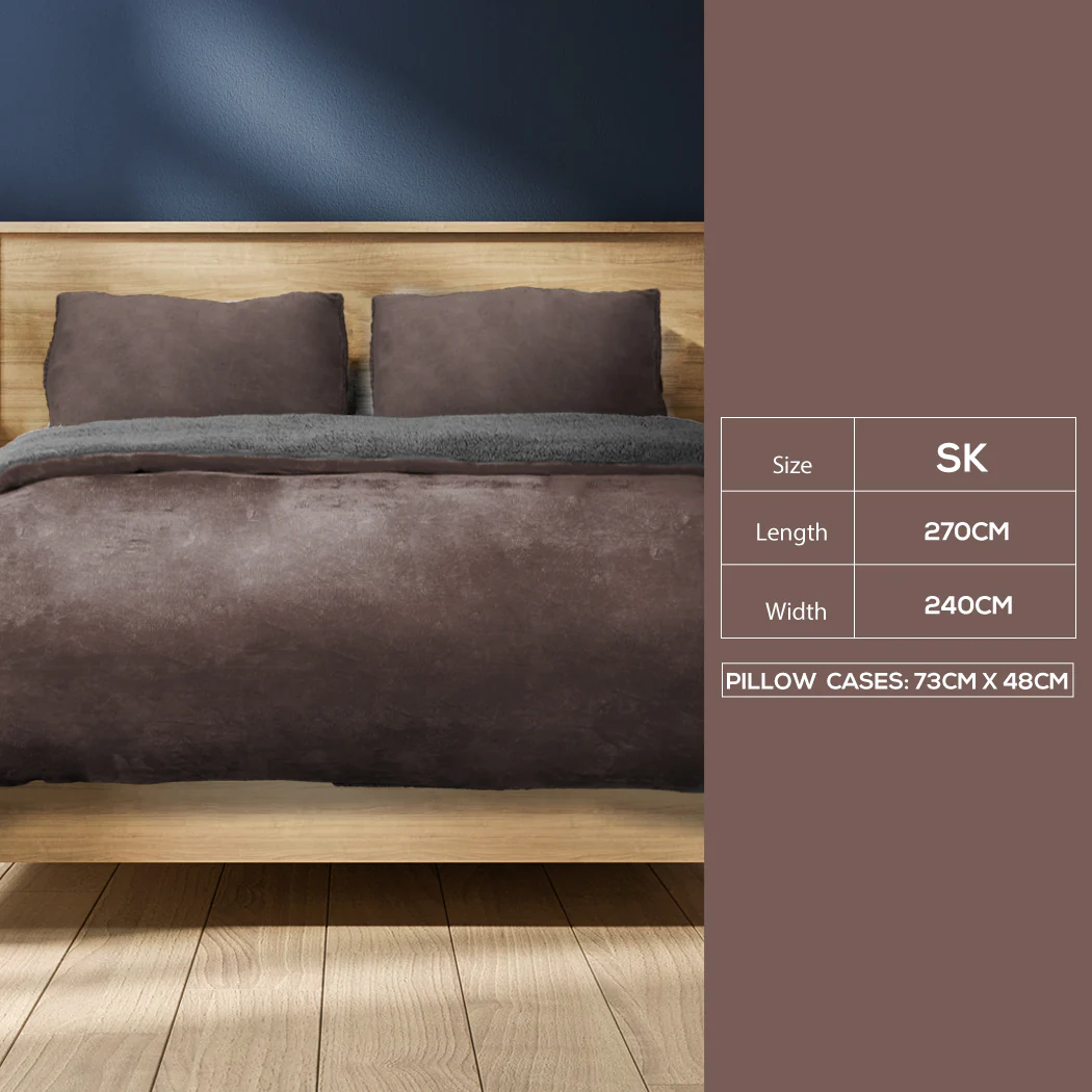 SUPER KING 3-Piece Flannel Quilt Cover with Pillowcases - Brown - Nurns