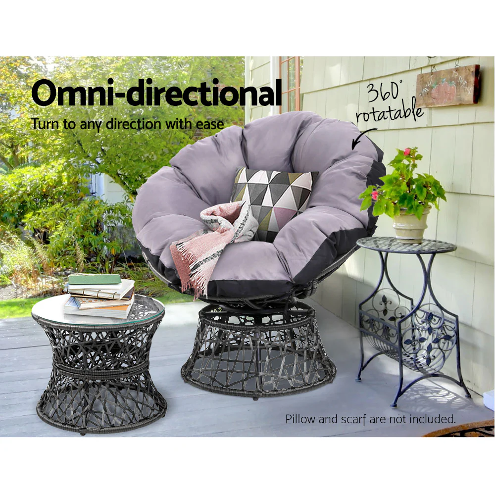 Outdoor Lounge Setting Papasan Chair Wicker Table Garden Furniture - Black - Nurns