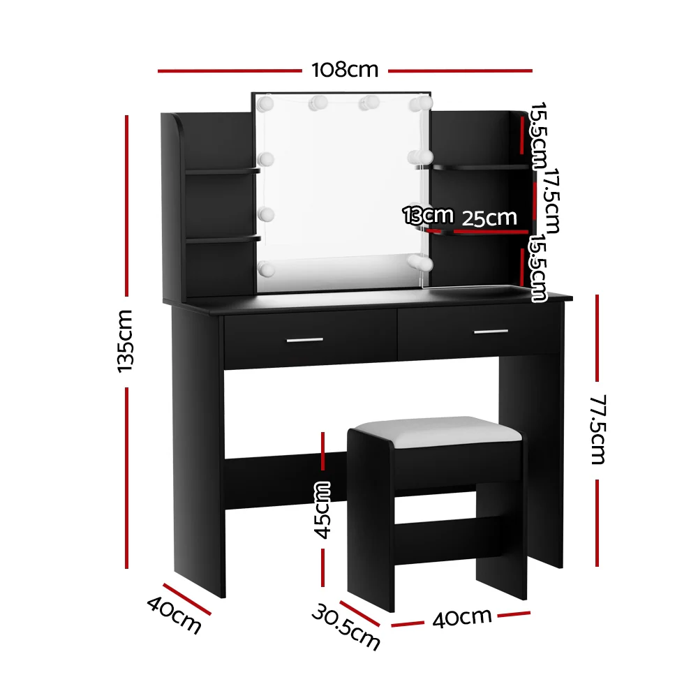 Dressing Table LED Makeup Mirror Stool Set 10 Bulbs Vanity Desk Black - Nurns