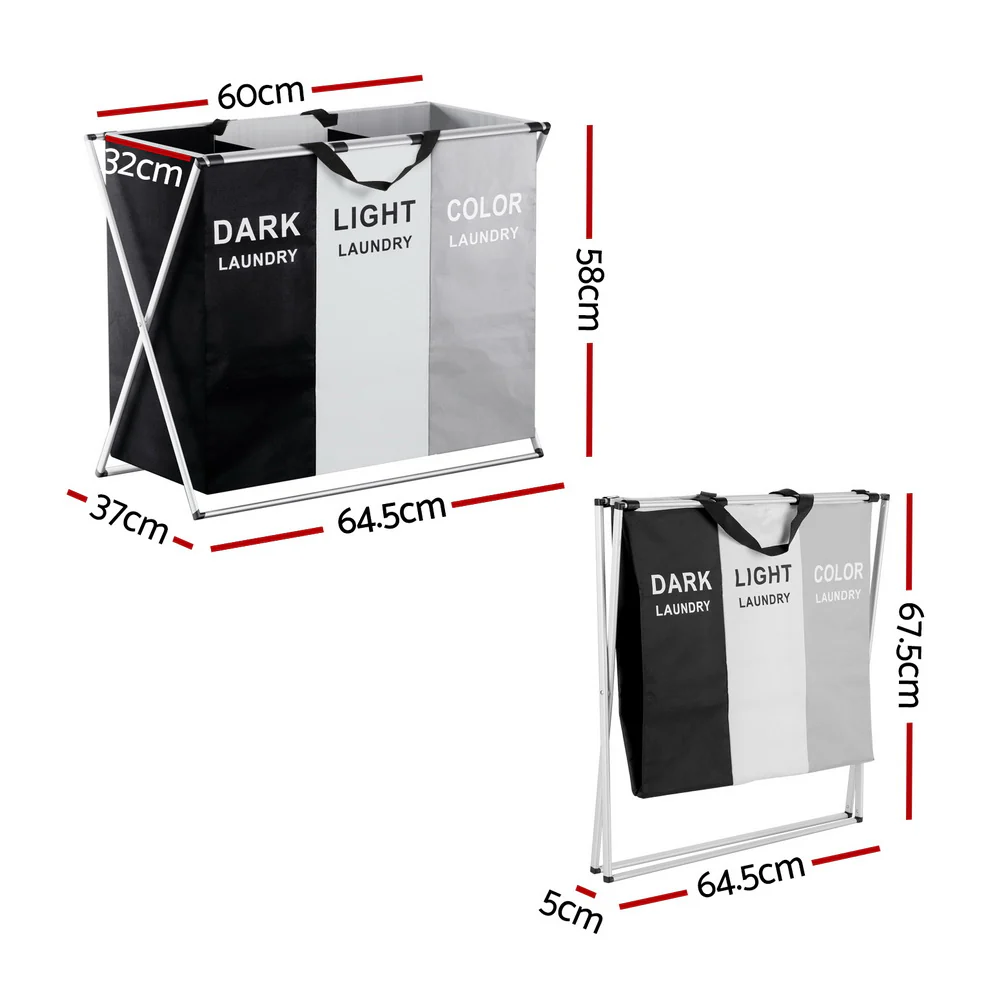 Laundry Basket Hamper Large Foldable Washing Clothes Storage 3 Sections - Nurns