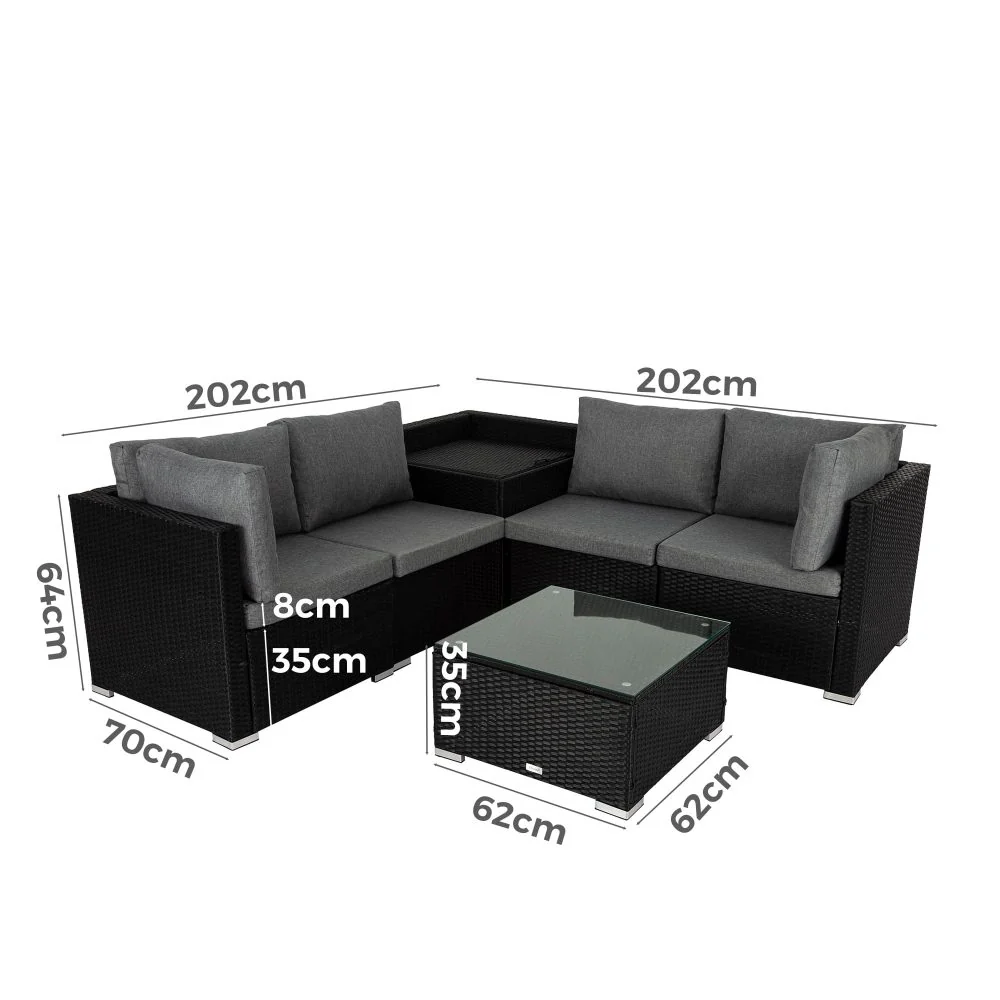 Robyn 5-Seater Modular Lounge Sofa 6-Piece Outdoor Sofa - Black - Nurns
