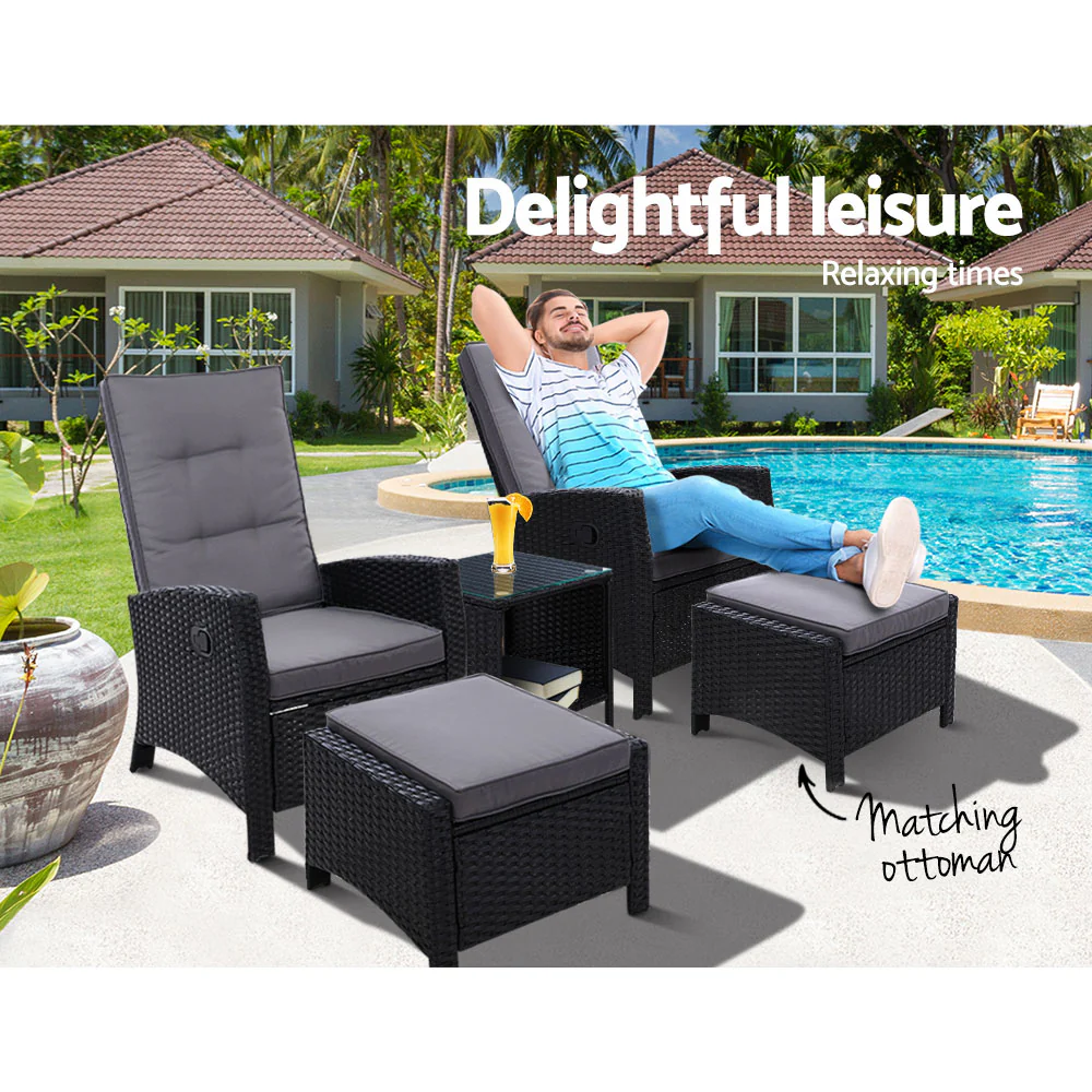 Ross 5-Piece Recliner Chair Outdoor Furniture Setting Patio Wicker Sofa Chair and Ottoman - Black - Nurns
