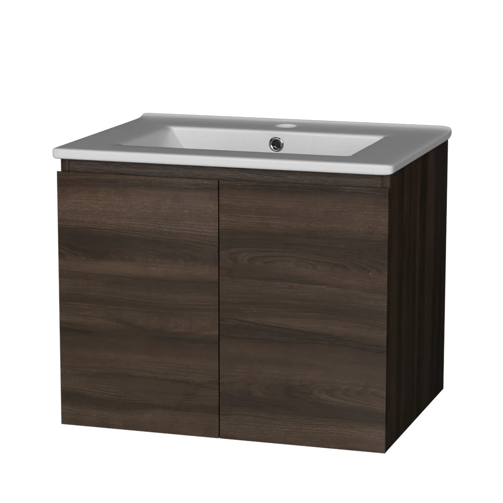 Bathroom Vanity Unit Ceramic Basin Cabinet Wall Mounted Storage 600mm Walnut - Nurns