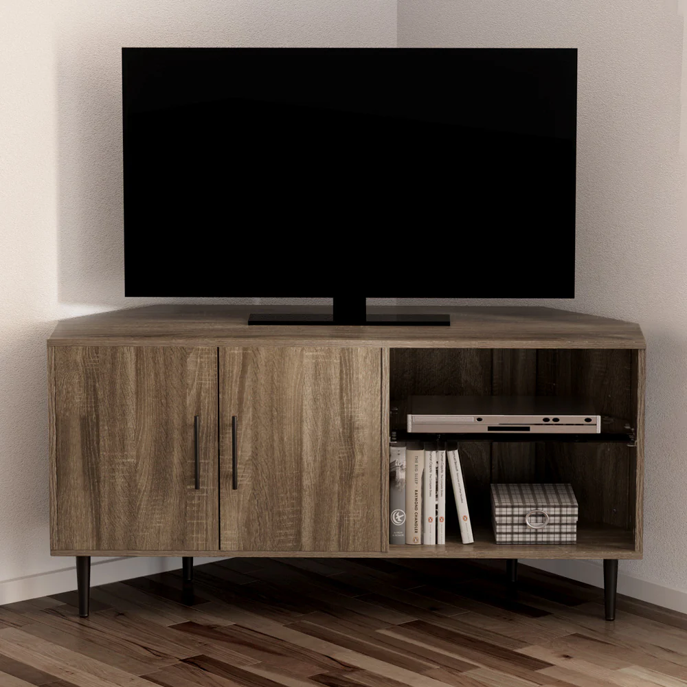 Harriet 120cm Corner Entertainment Unit Stand TV Cabinet Open Storage Shelf - Brown - Nurns