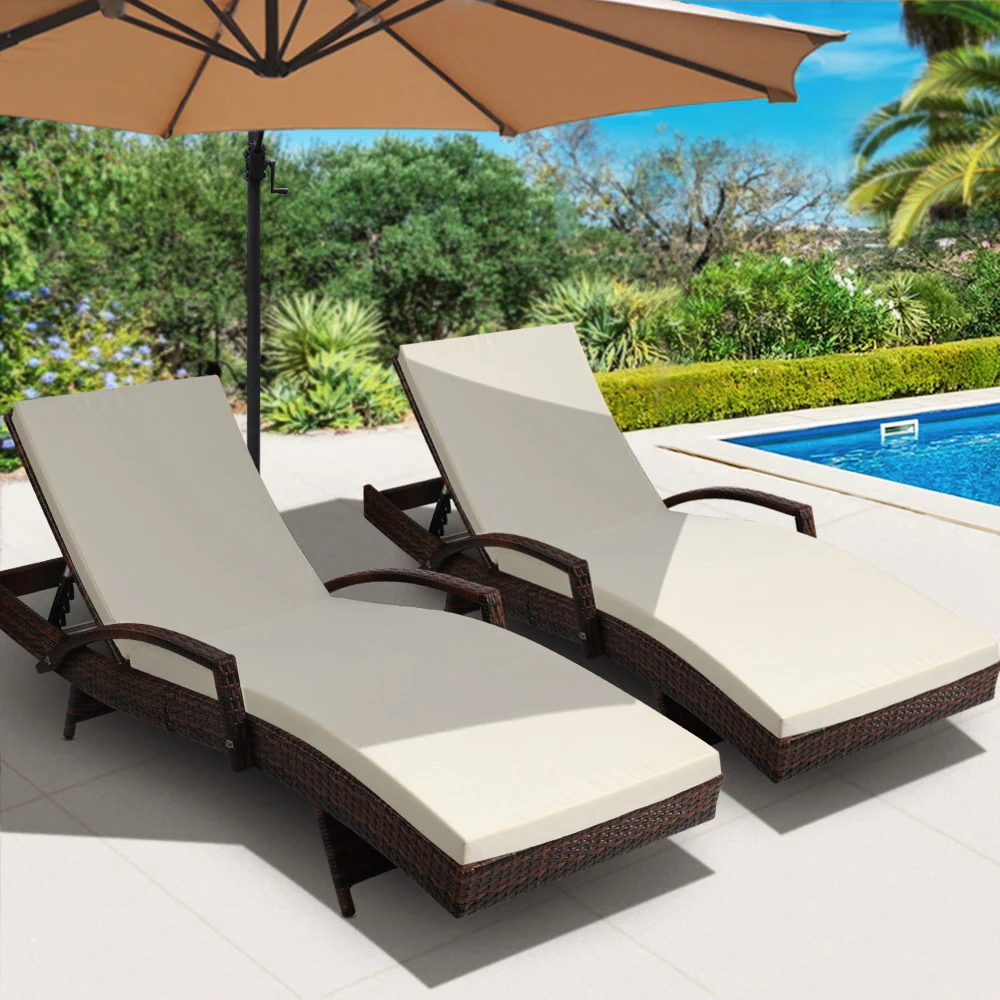 Ashby Set of 2 Outdoor Sun Lounge Wicker with Armrest Chair and Cushion - Brown - Nurns