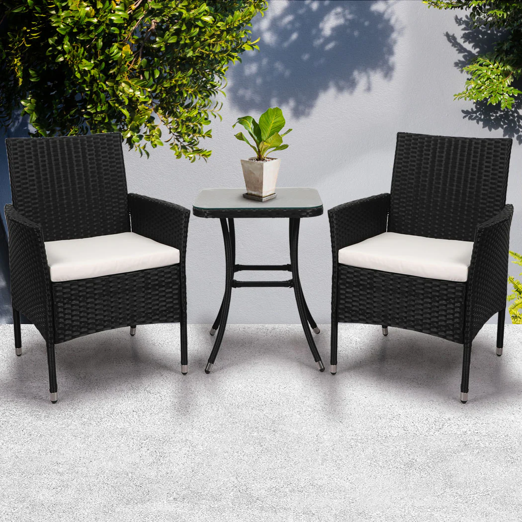 Finn 2-Seater Furniture Chair Table Patio Garden Rattan Seat 3-Piece Outdoor Setting - Black - Nurns