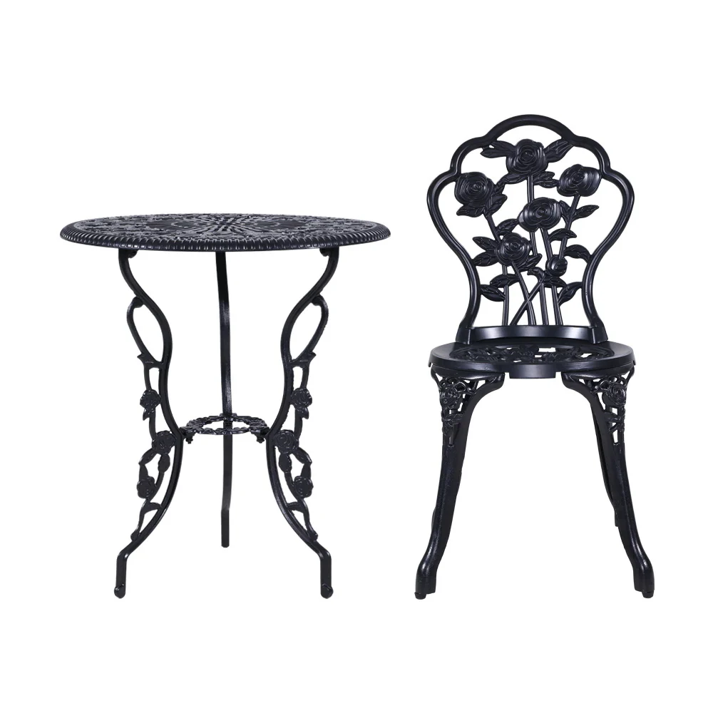 Caspian 2-Seater Cast Aluminium Table Chair Patio 3-Piece Outdoor Setting - Black - Nurns