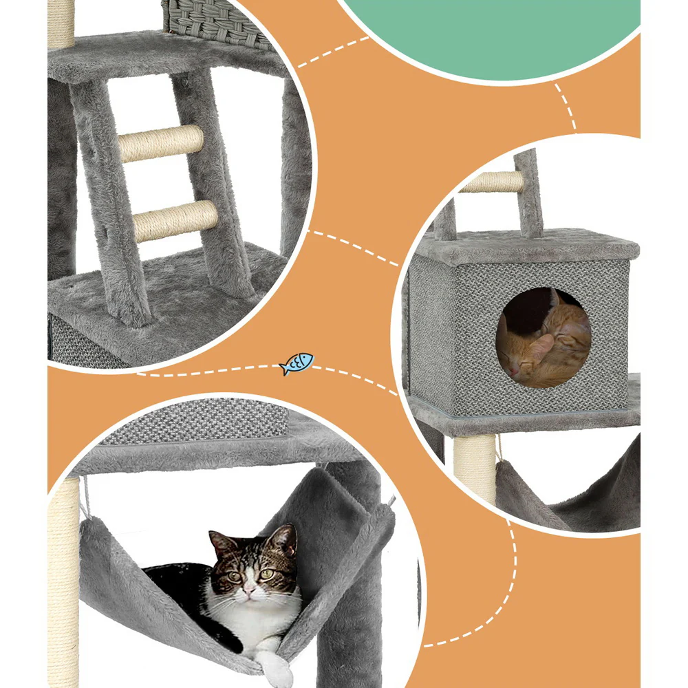 Cat Tree 169cm Tower Scratching Post Scratcher Wood Bed Condo House Rattan Ladder - Nurns