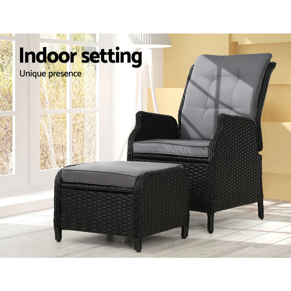 Yeovil Recliner Chair Outdoor Furniture Setting Patio Wicker Sofa Chair and Ottoman - Black - Nurns