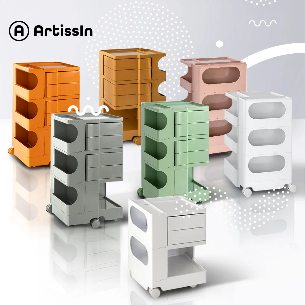 Vernon PP Plastic Bedside Tables Side Tables Nightstand Organizer Replica Boby Trolley 5 Tier with 4 Drawers - Pink - Nurns