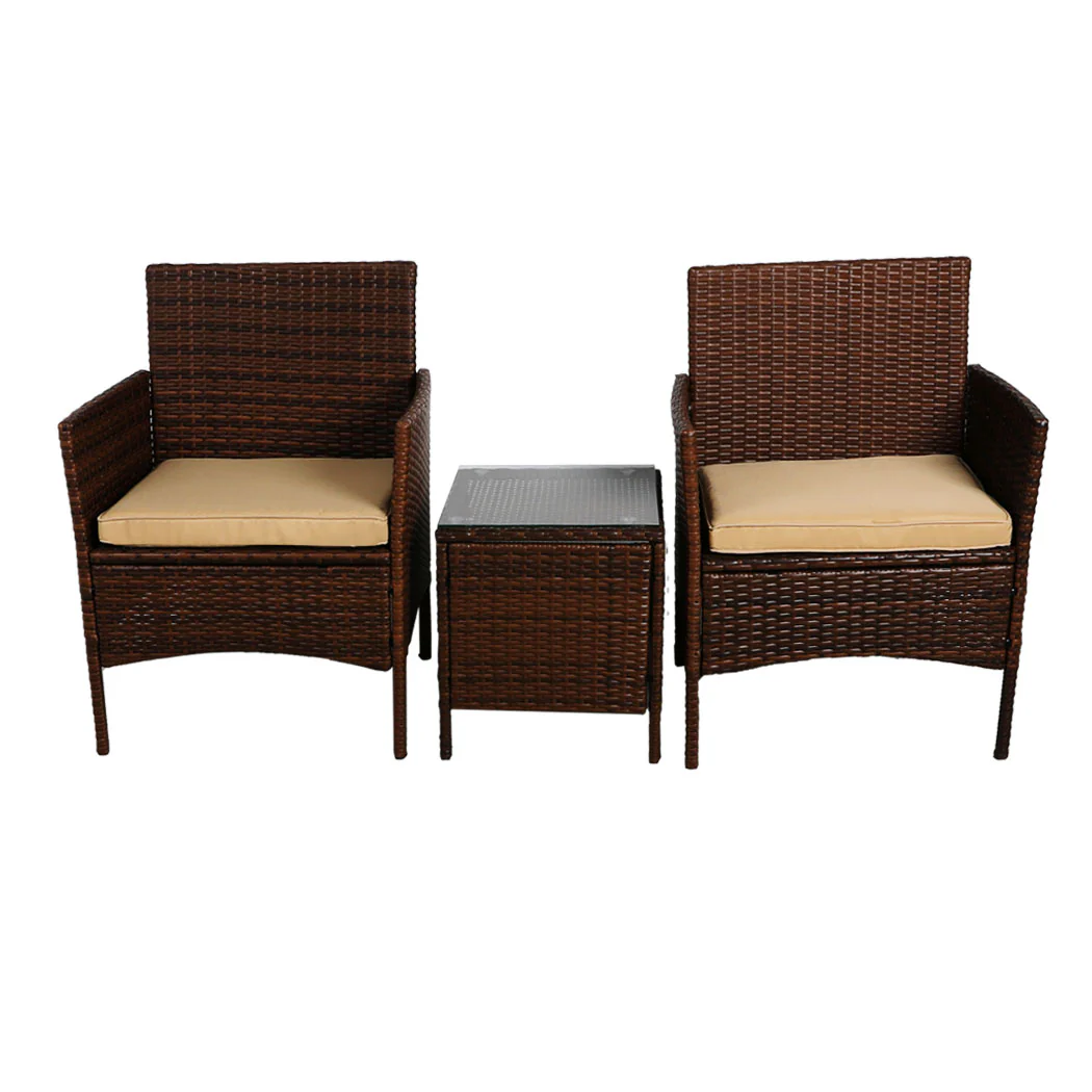 Rhyse 2-Seater Furniture Patio Garden Chair Table Rattan Wicker Cushion Seat 3-Piece Outdoor Setting - Brown - Nurns