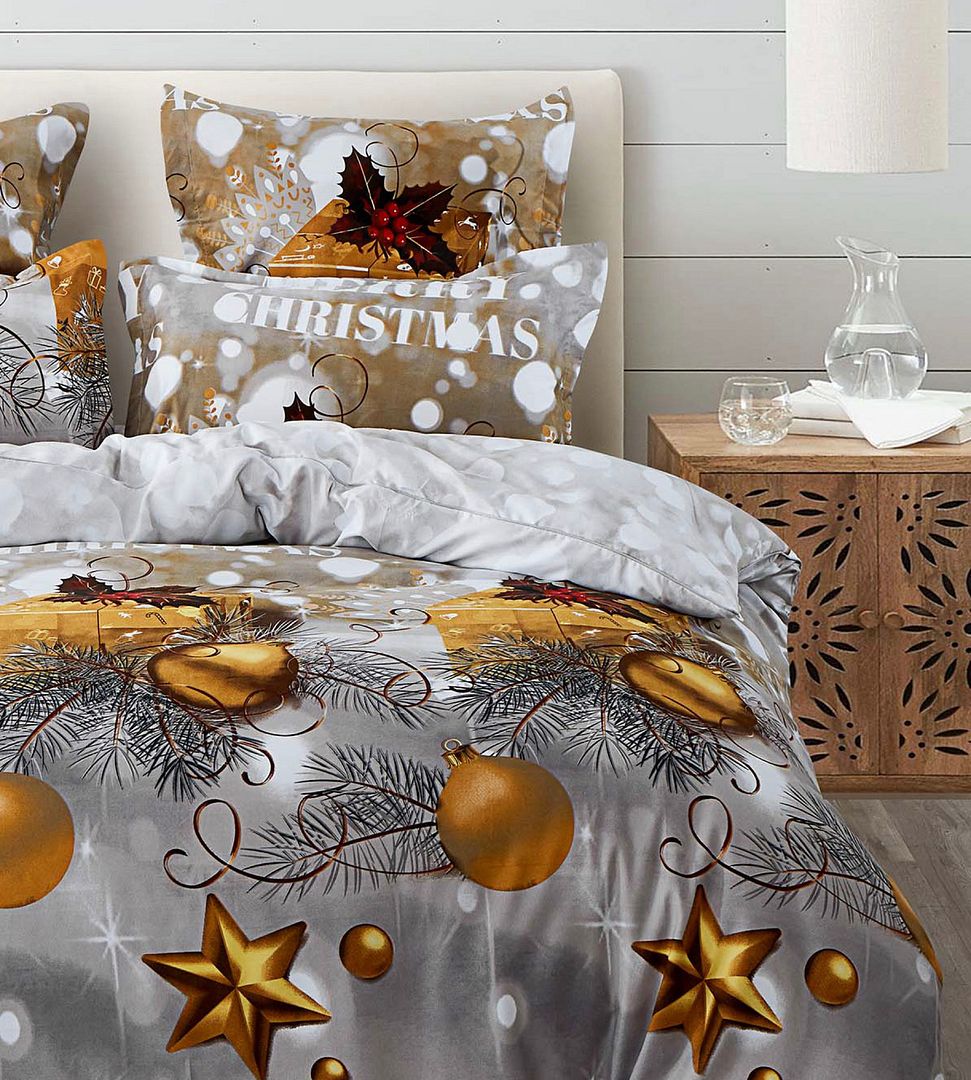 KING 3-Piece Christmas Quilt Duvet Cover Set - Grey & Gold - Nurns