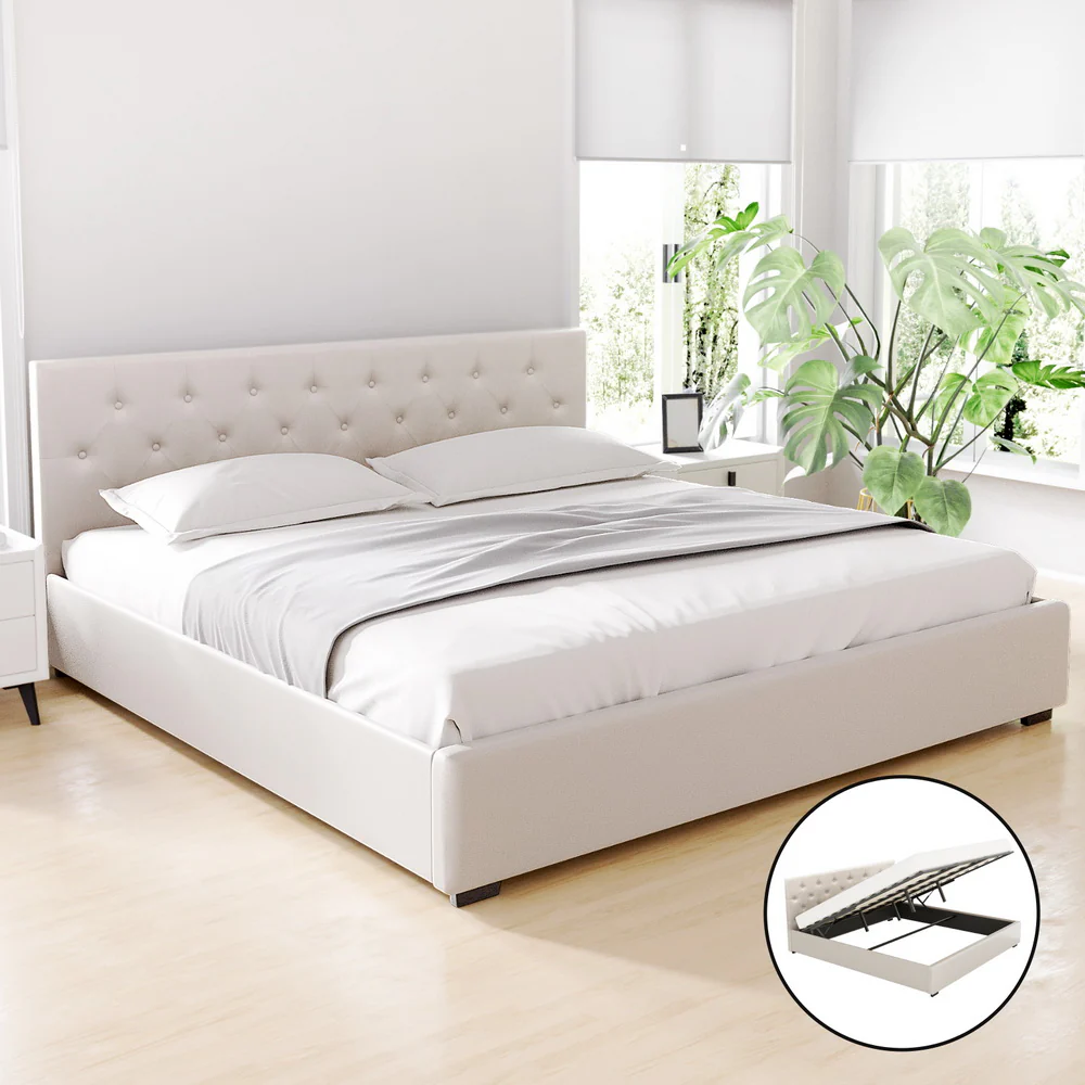 Samara Gas Lift Bed Frame - Beige King - Nurns