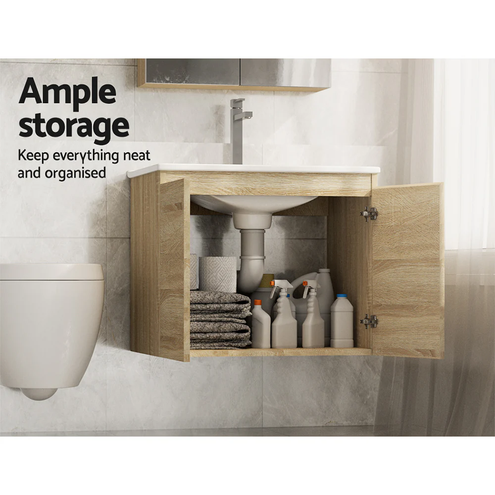 Vanity Unit Basin Cabinet Storage Bathroom Wall Mounted Ceramic 600mm Oak - Nurns