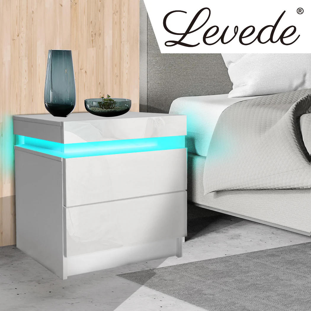 Inuvik LED Bedside Tables RGB LED Storage Cabinet High Gloss Nightstand with 2 Drawers - White - Nurns