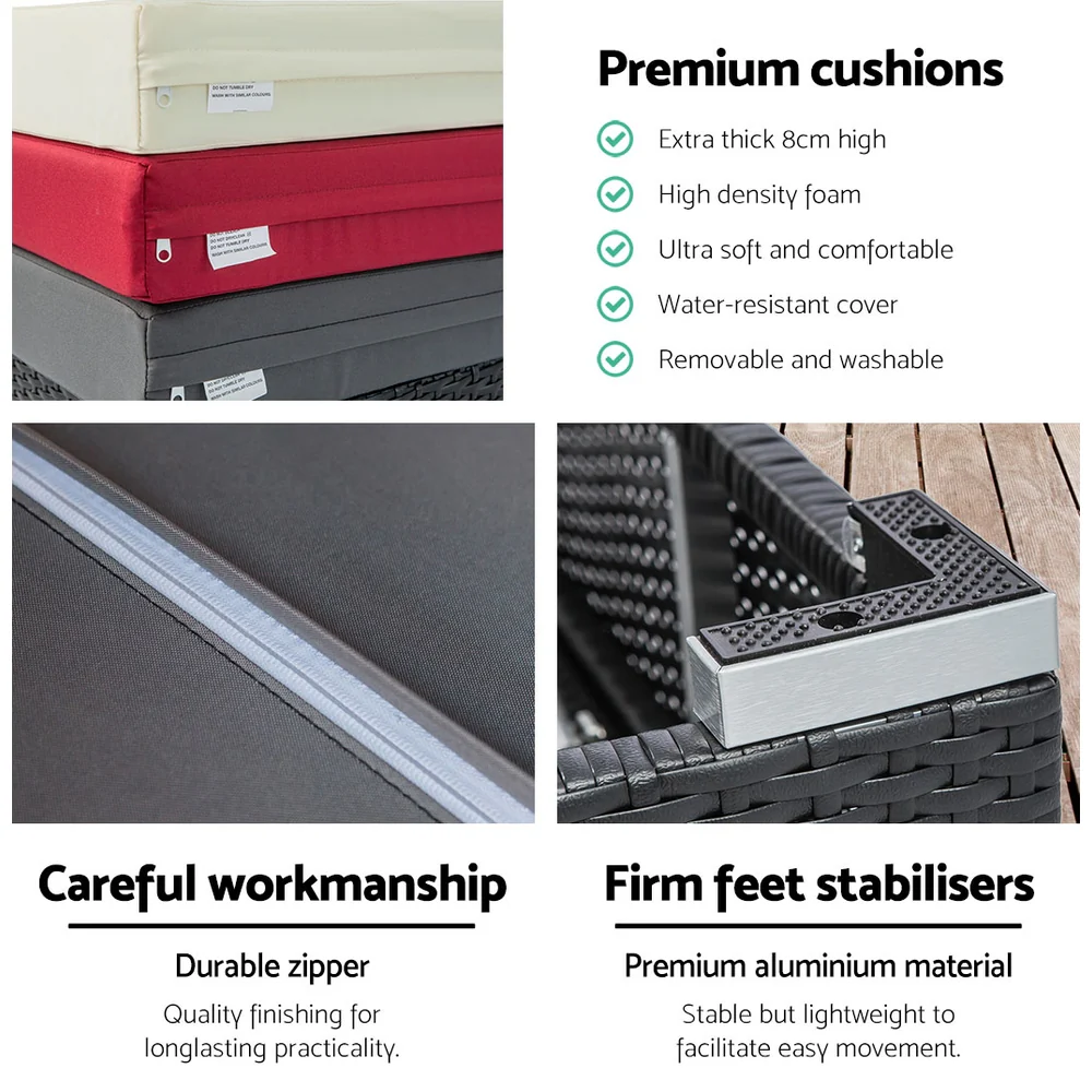 Herbert 3-Piece Outdoor Sun Lounge Wicker Chair with Cushion - Black - Nurns