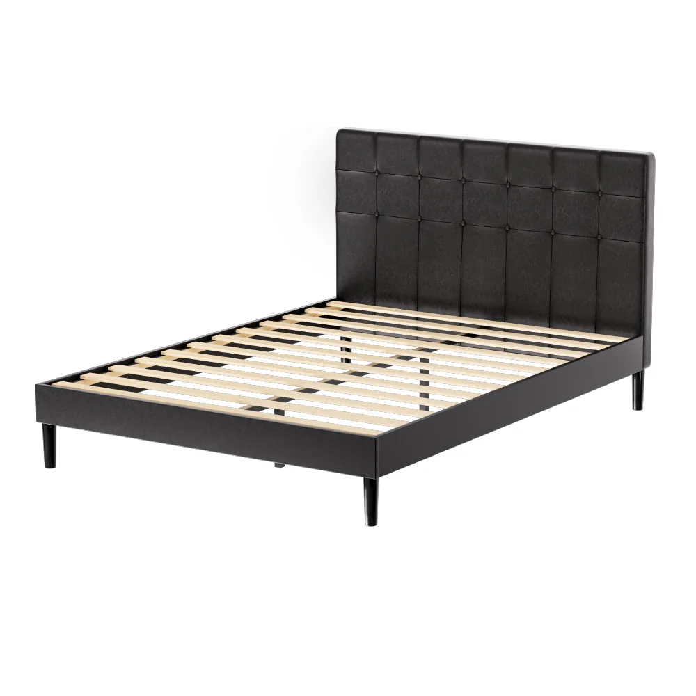 Eloise Bed Frame Base with LED Lights Charge Ports Leather - Black Double - Nurns