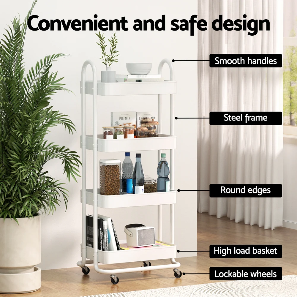 Storage Trolley Kitchen Cart 4 Tiers - White - Nurns