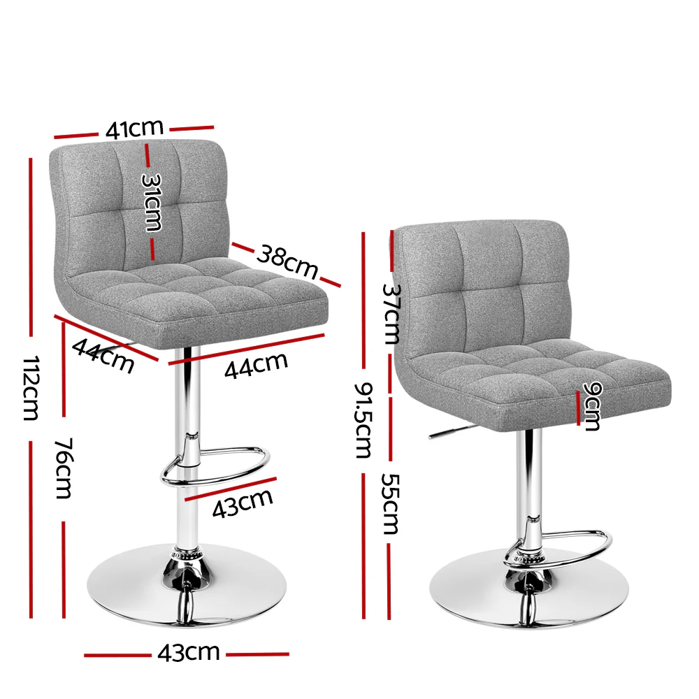 Set of 2 Chania Bar Stools Kitchen Dining Chairs Counter Stool Gas Lift Fabric - Grey - Nurns