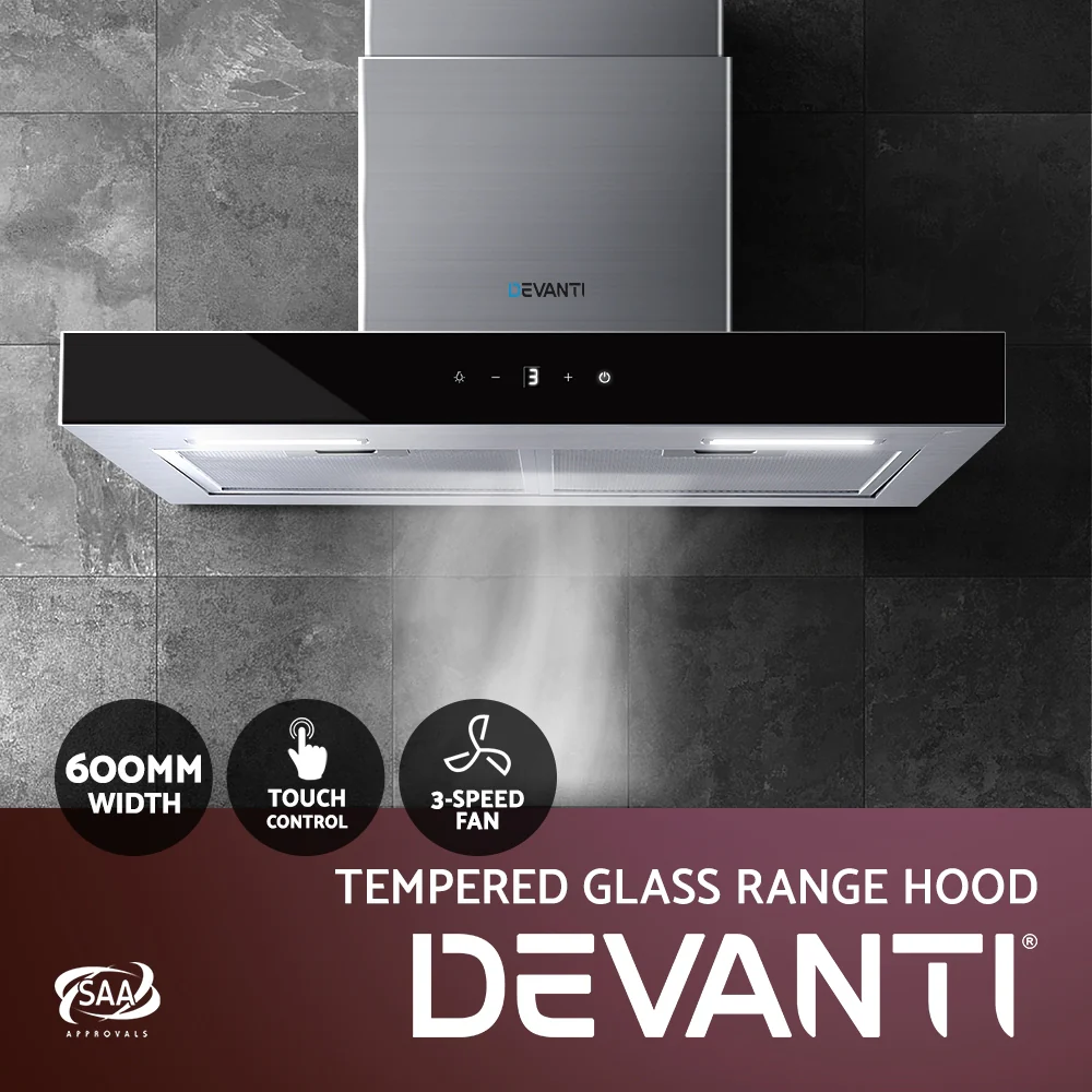 Devanti 600mm Range Hood 60cm Rangehood Glass Stainless Steel - Nurns