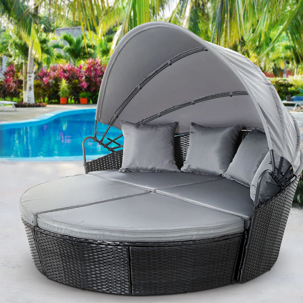Yasin Outdoor Lounge Setting Patio Furniture Sofa Wicker Garden Rattan Set Day Bed - Black - Nurns