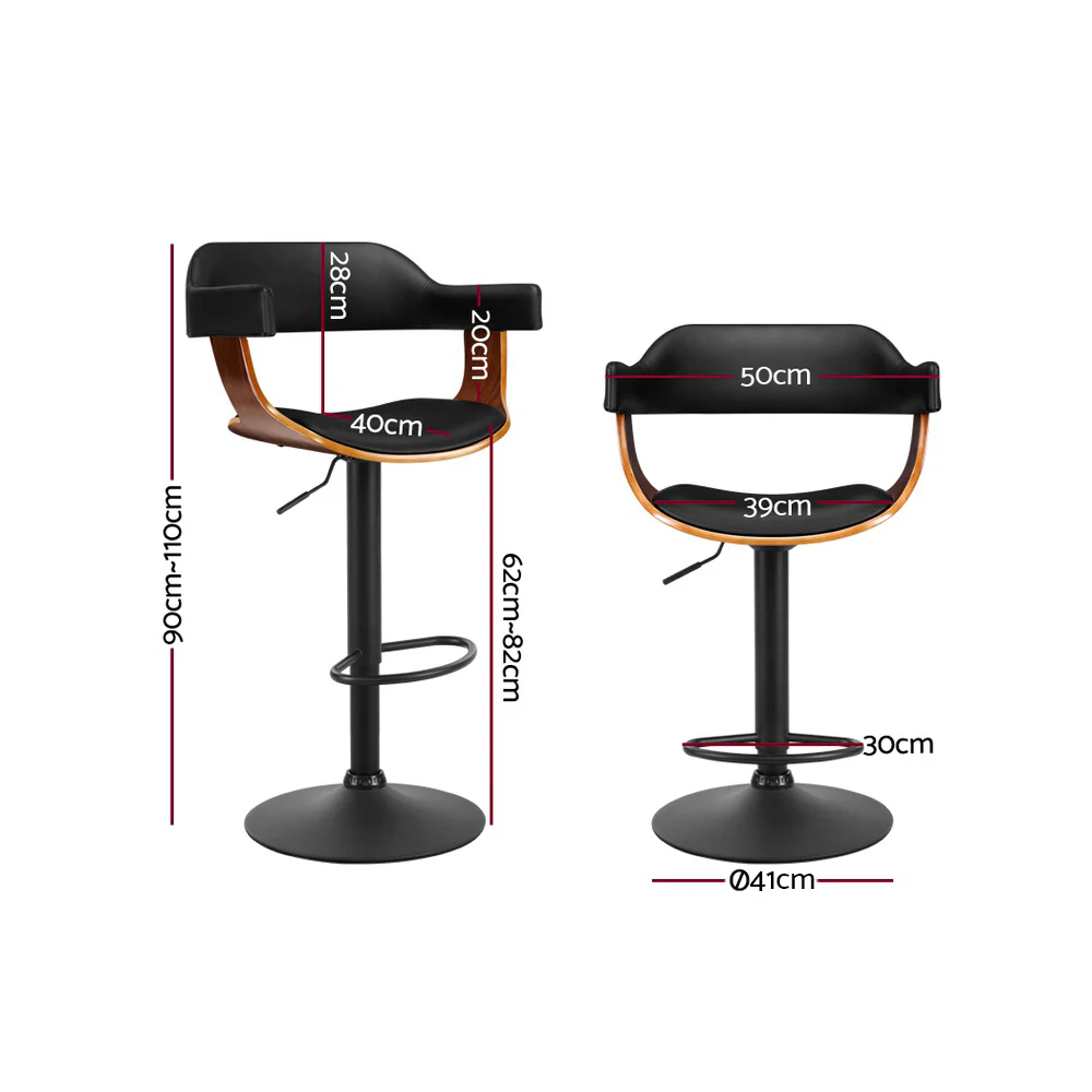 Set of 2 Eindhoven Bar Stool Curved Gas Lift PU Leather - Black - Nurns