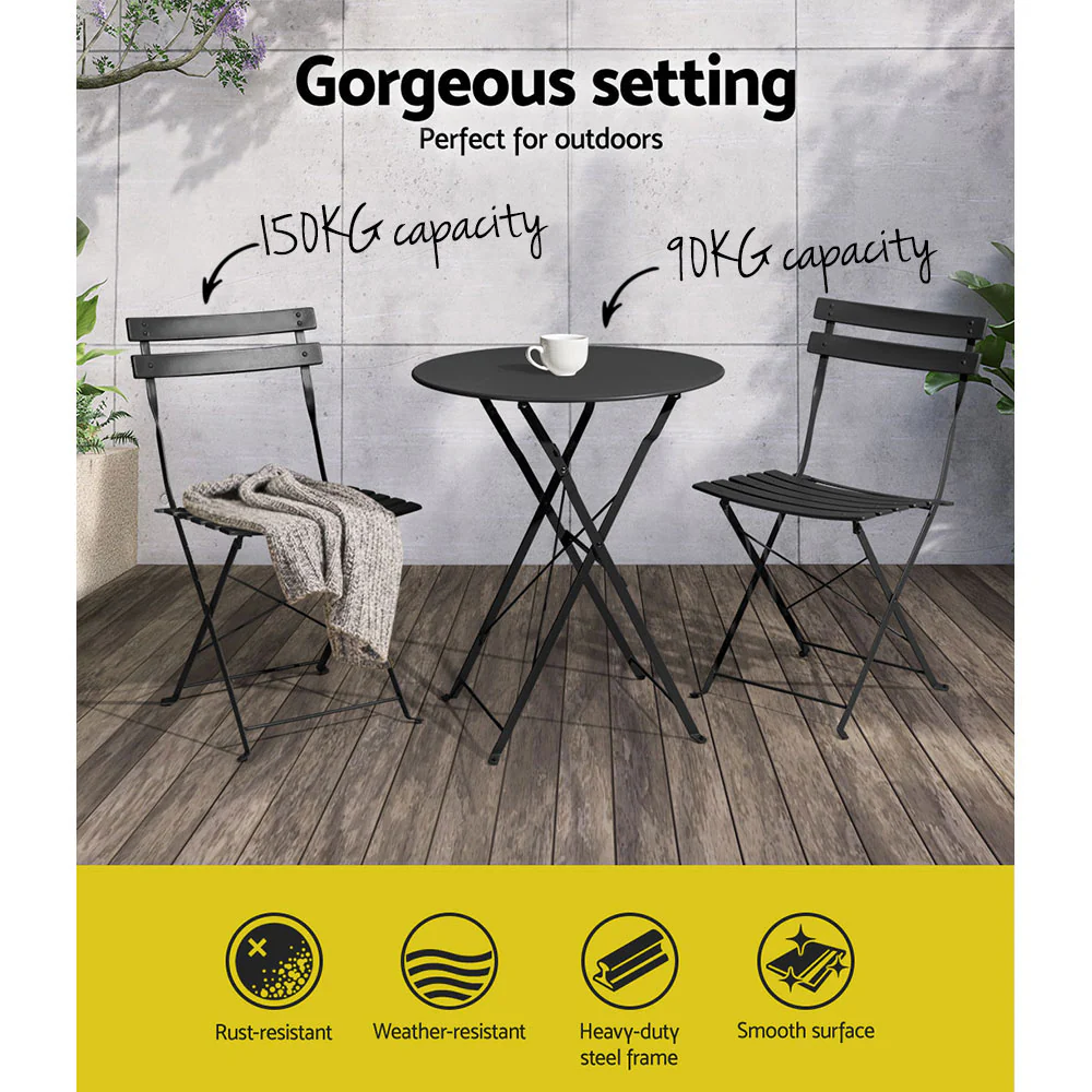 Andre 2-Seater Steel Table and Chairs Patio 3-Piece Outdoor Bistro Set - Black - Nurns