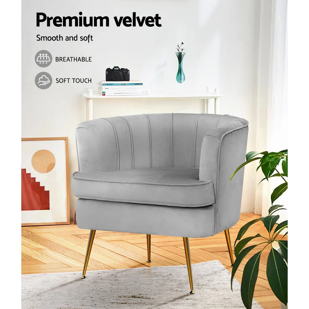 Makayla Accent Velvet Lounge Armchair - Grey - Nurns