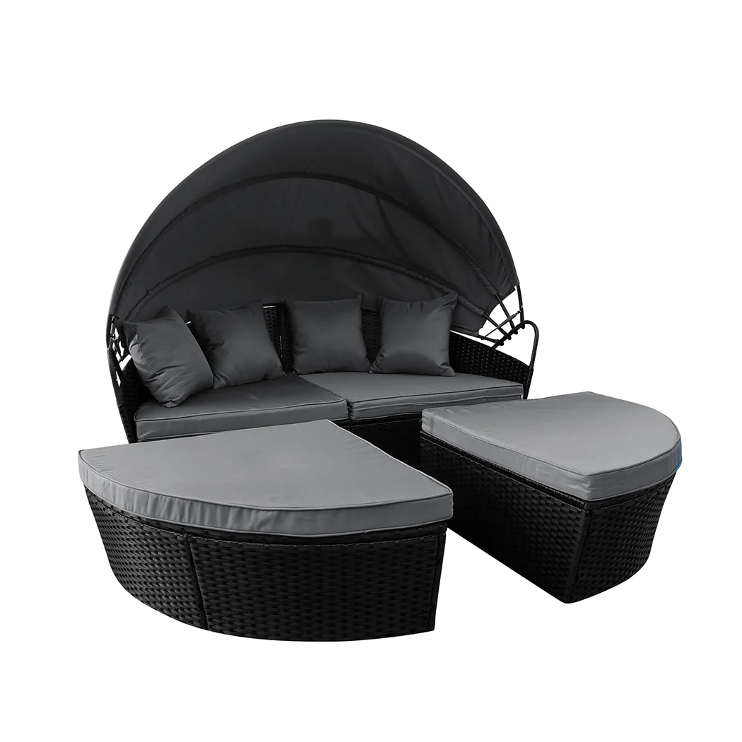 Amelie Day Bed Sofa Daybed Outdoor Garden Sun Lounge Furniture Wicker Round with Grey Cushion - Black - Nurns