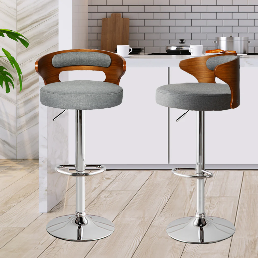 85cm Leipzig Kitchen Bar Stools Gas Lift Wooden Beech Stool Metal Barstools - Grey & Silver - Nurns