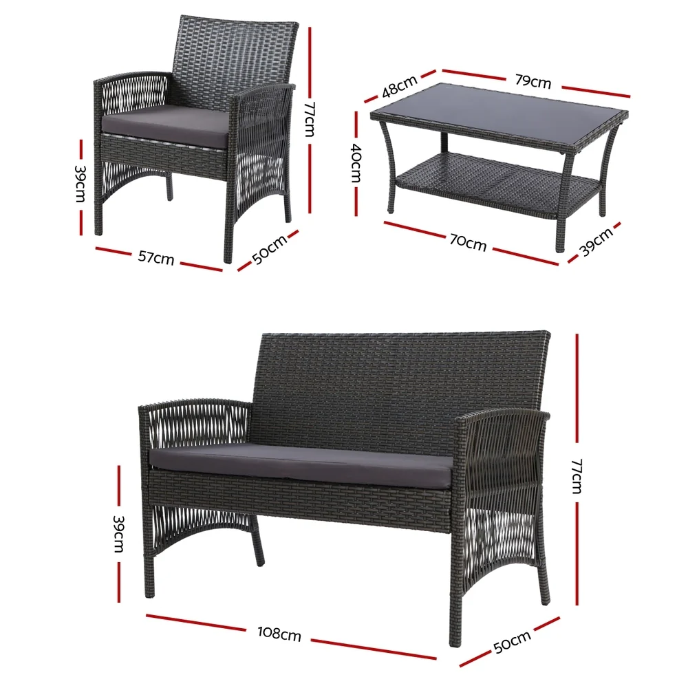 Luis 4-Seater Wicker Harp Chair Table Garden Furniture 4-Piece Outdoor Sofa Set - Grey - Nurns