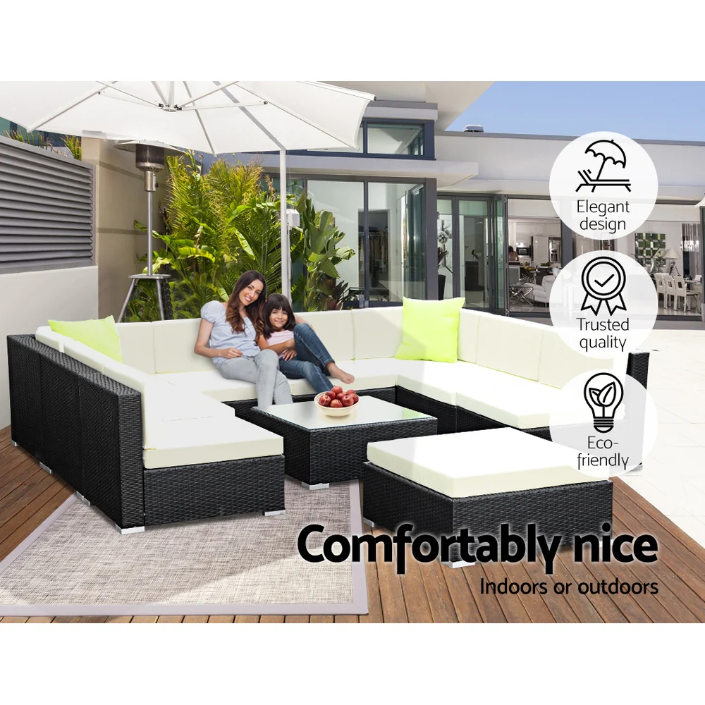 Chester 9-Seater Furniture Set Wicker Garden Patio Lounge 10-Piece Outdoor Sofa - Black - Nurns