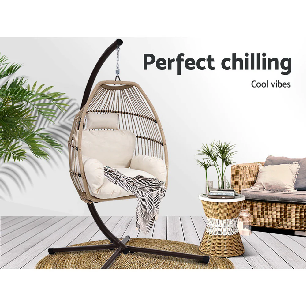 Halle Outdoor Egg Swing Chair Hanging Chair Wicker Rope Pod Stand Cushion - Latte - Nurns