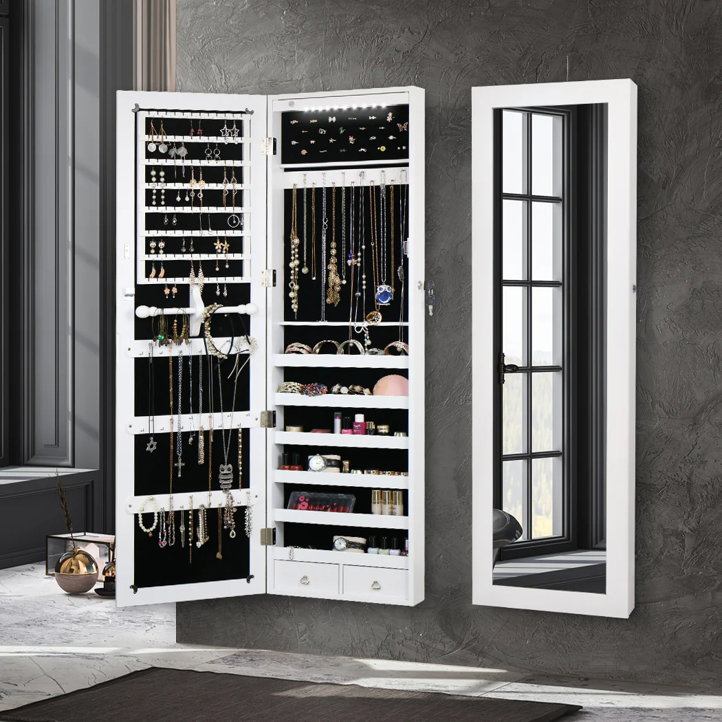 Mirror Jewellery Cabinet Makeup LED Light Storage Cosmetic Organiser Box - Nurns