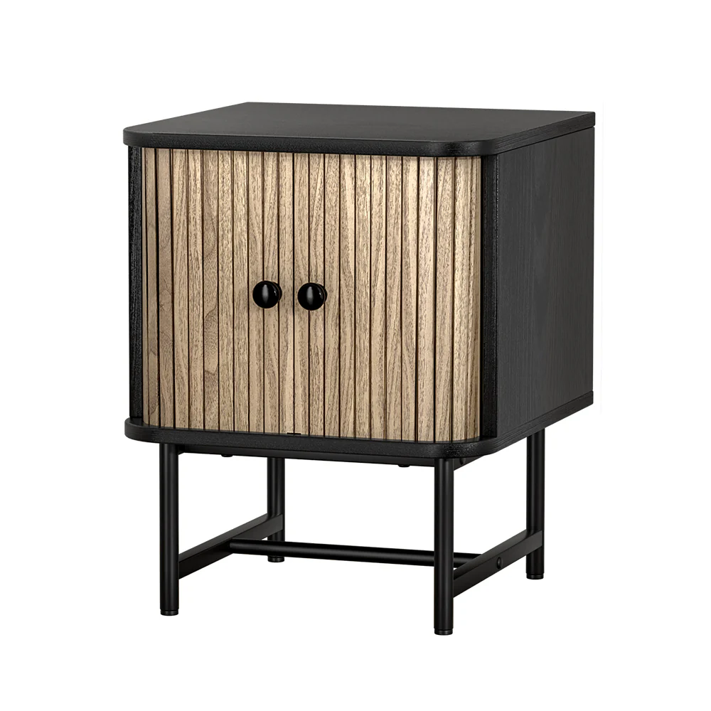Jerome Wooden Bedside Tables Side End Slidng Doors Storage Nightstand - Black & Pine - Nurns